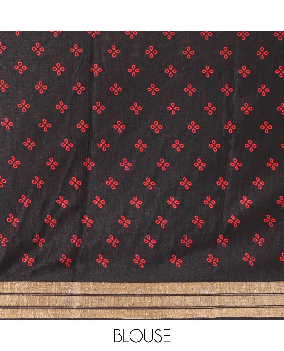 Black Dola Silk Saree, Features Colorful Floral and Peacock Motifs Printed On Its Body, Highlighted by Zari Border, Pallu Depicts Wedding-themed Motifs Print, and Paired with a Matching Blouse