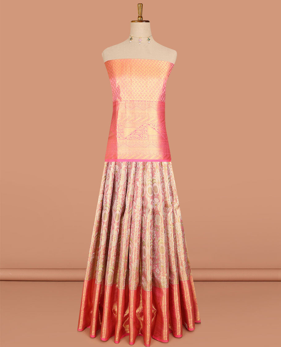 Light pink floral jacquard pure silk half saree with contrast intricate zari design border, zari design blouse & floral zari design dhavani