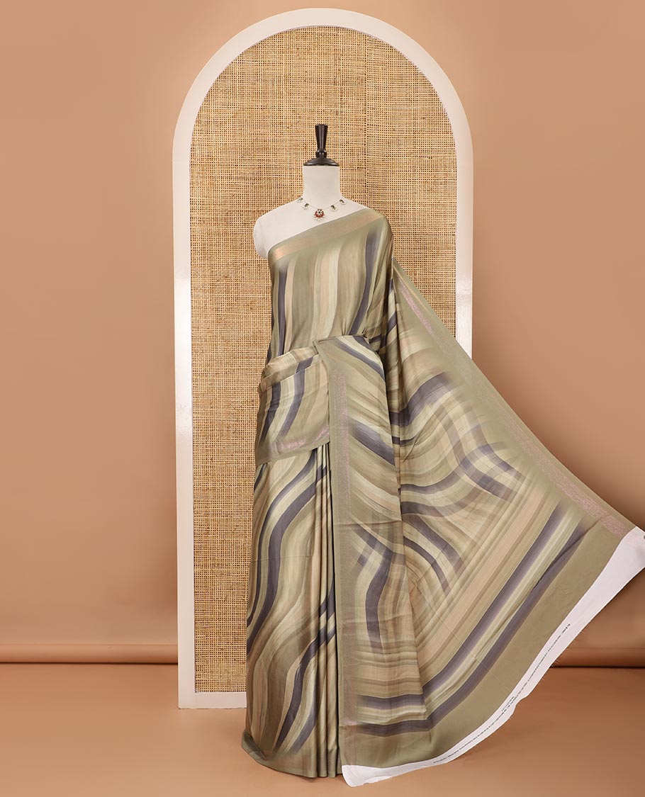 Light olive ombre-color abstract-printed satin crepe saree, copper zari line weave border & matching jaal printed blouse