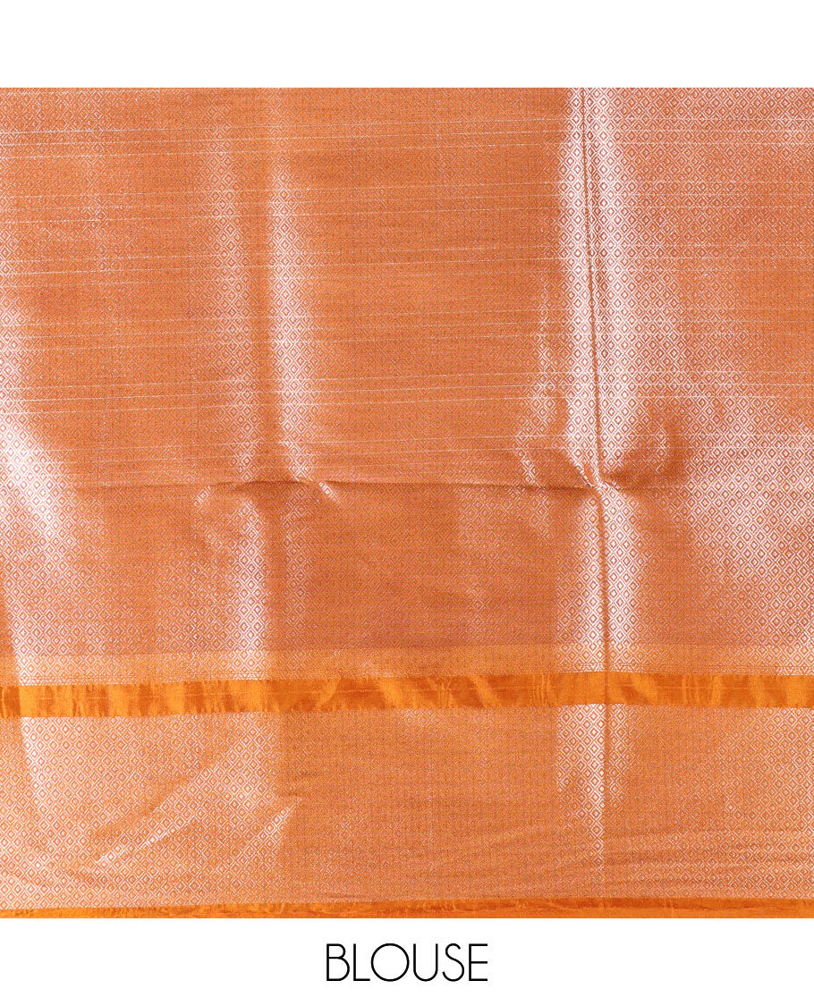 Orange Assam Silk Saree, Bedecked with Zari Checks, Highlighted by a Traditional Zari Border, Floral Butta Enclosed Checks Pallu, and a Matching Blouse
