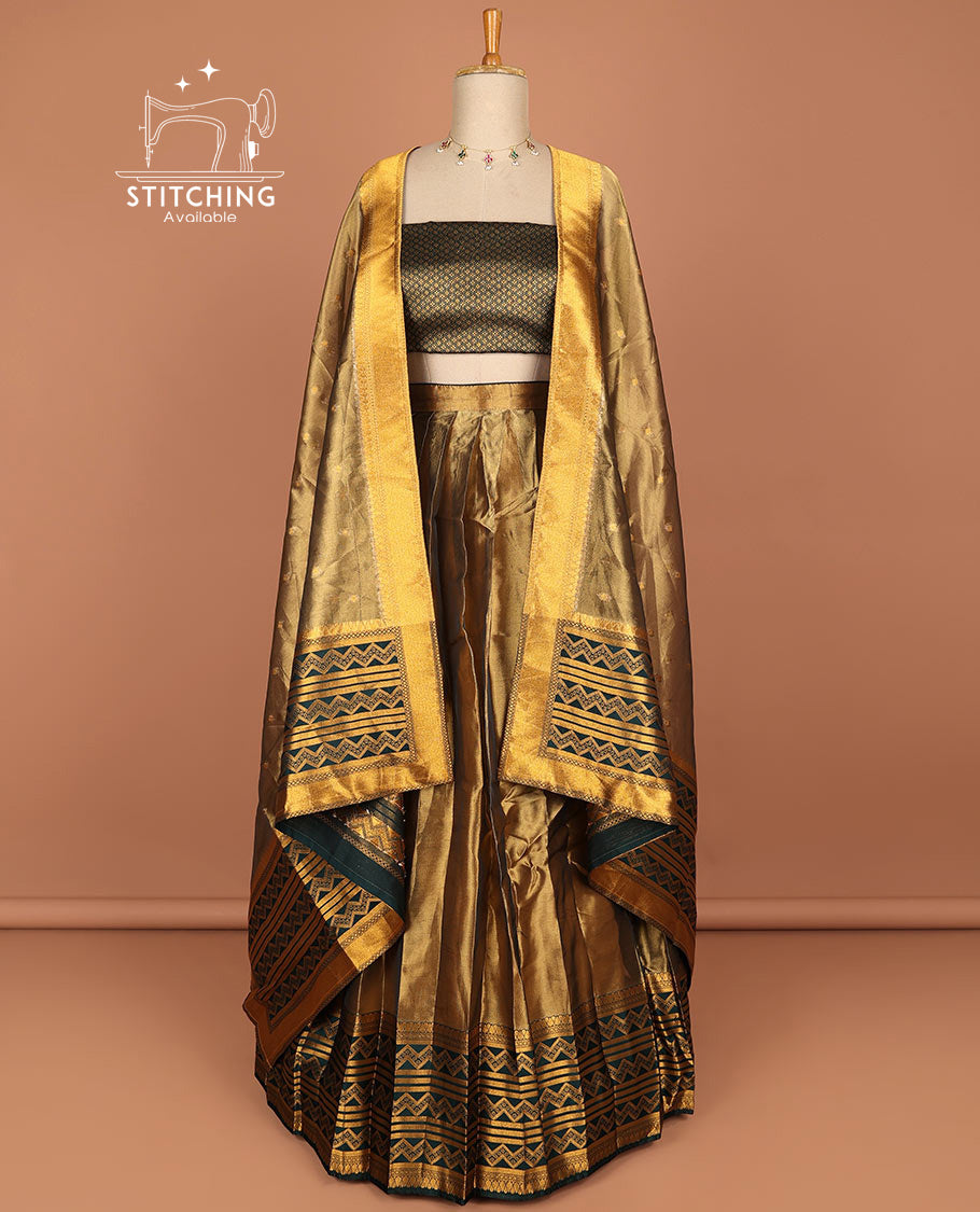 Brown half saree with self zig zag striped border, zari design blouse & floral zari design dhavani