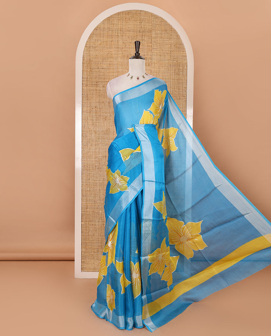 Blue floral placement-style printed Marble chiffon saree, zari border & contrast yellow gotta patti work & mixed embroidered blouse