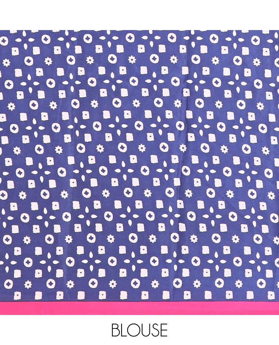 Pink half-plain & half-printed gajji silk saree, contrast blue border & pallu of ajrakh-print with printed blouse
