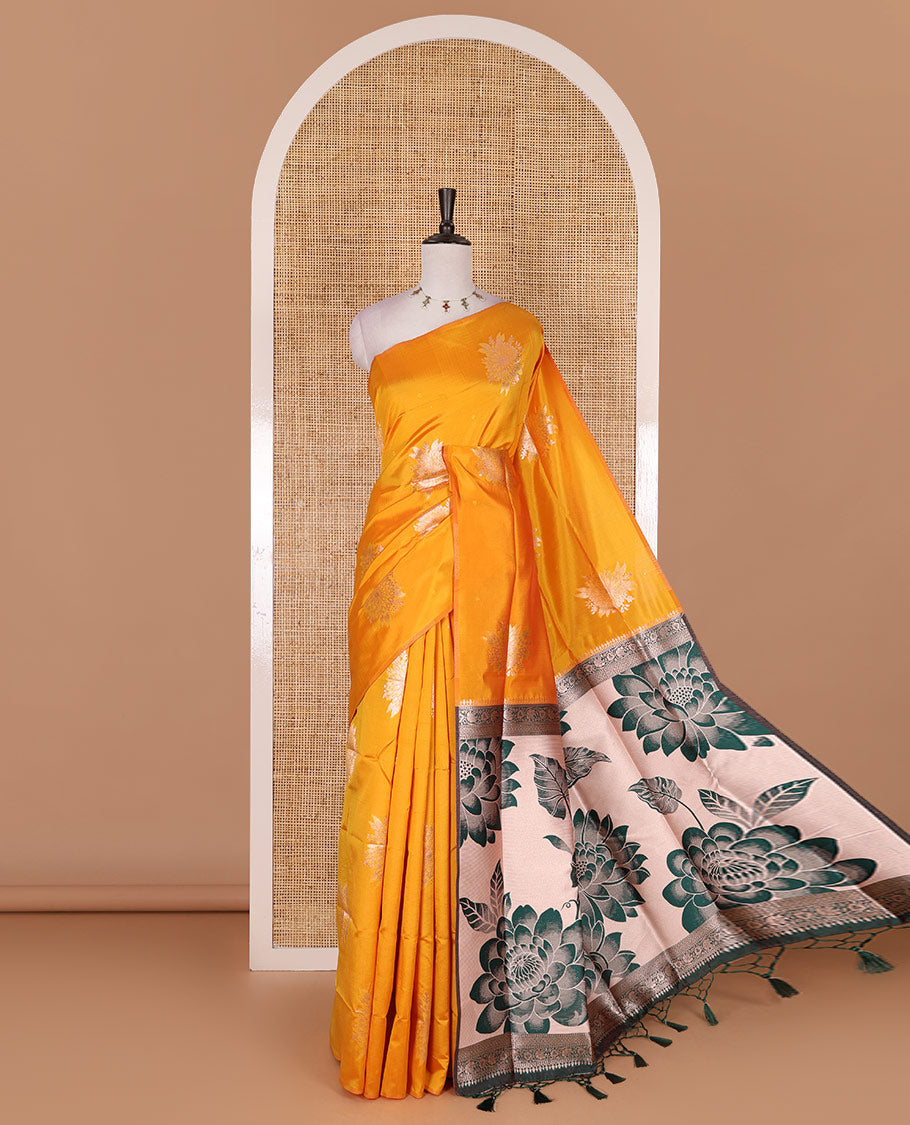 Borderless yellow floral motifs steeped elite soft silk saree, contrast lotus-like motifs pallu, and contrast buttas blouse