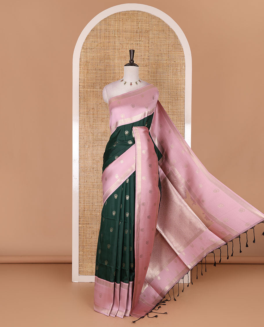 Green zari buttas soft silk saree, contrast zari design border, intricate jaal pallu, and contrast zari design blouse