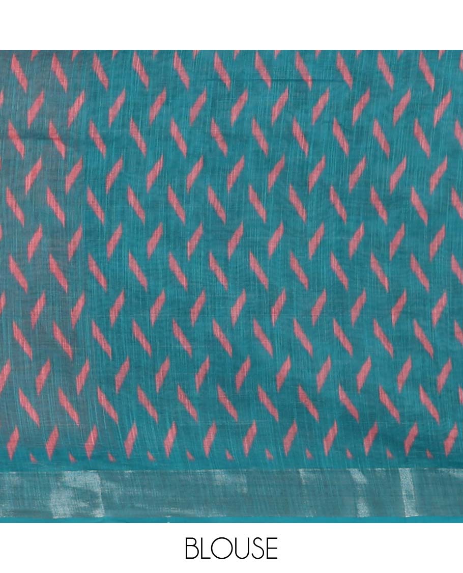 Pink pochampally-style geometric printed linen saree, contrast zari bavanji border & pochampally geometric printed pallu & blouse