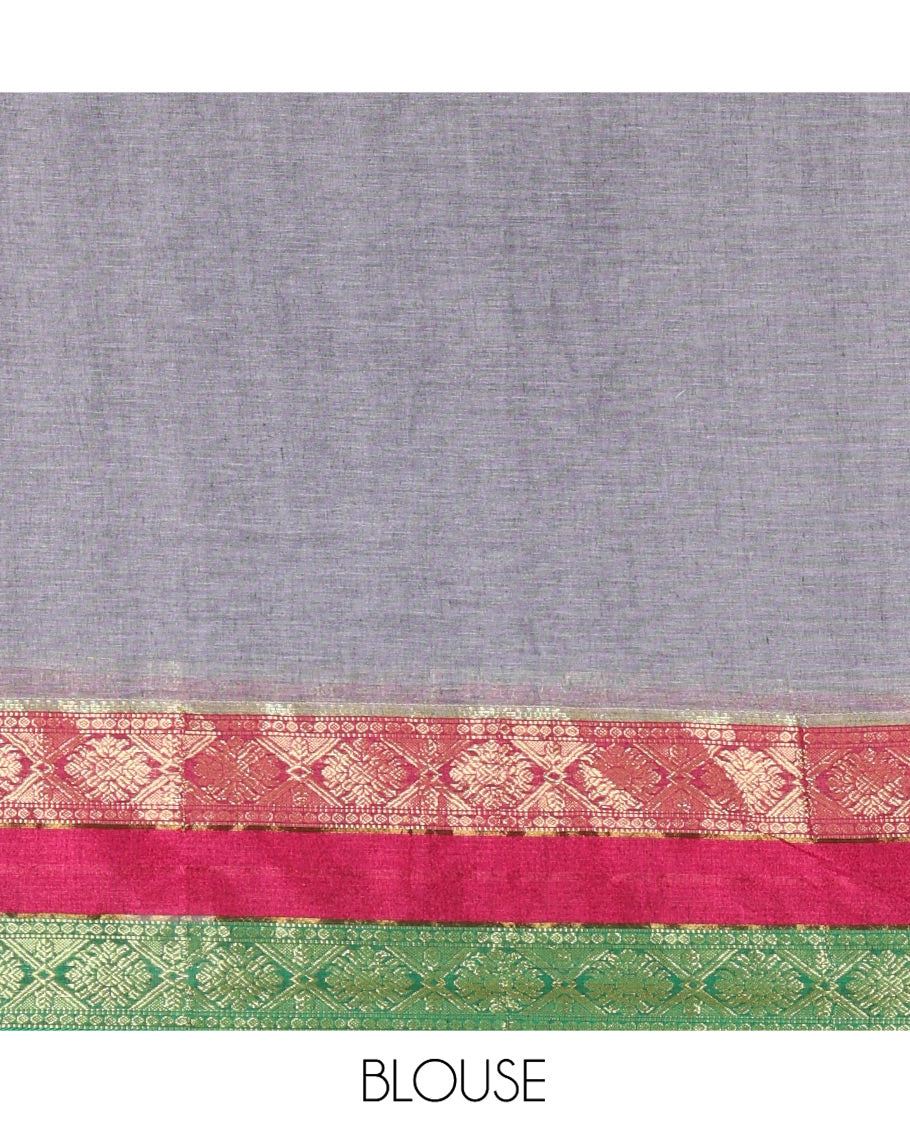 Grey Plain Khadi Mul Cotton Saree, Complemented by a Contrast Rettai Pettu Traditional Diamond-Patterned Border, Plain Pallu, and Paired with a Matching Blouse