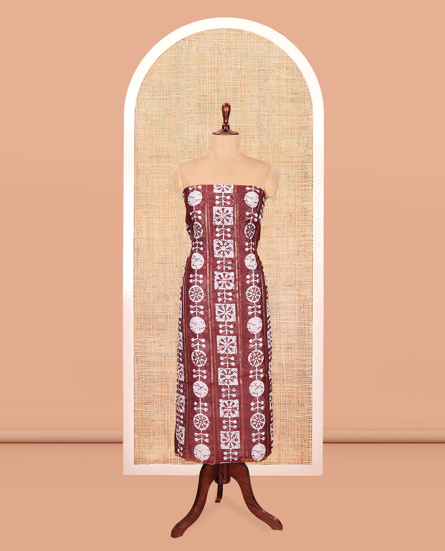 Wine Chanderi Material Chudidar Features Batik Printed Top, a Matching Bottom, and Batik Printed Dupatta