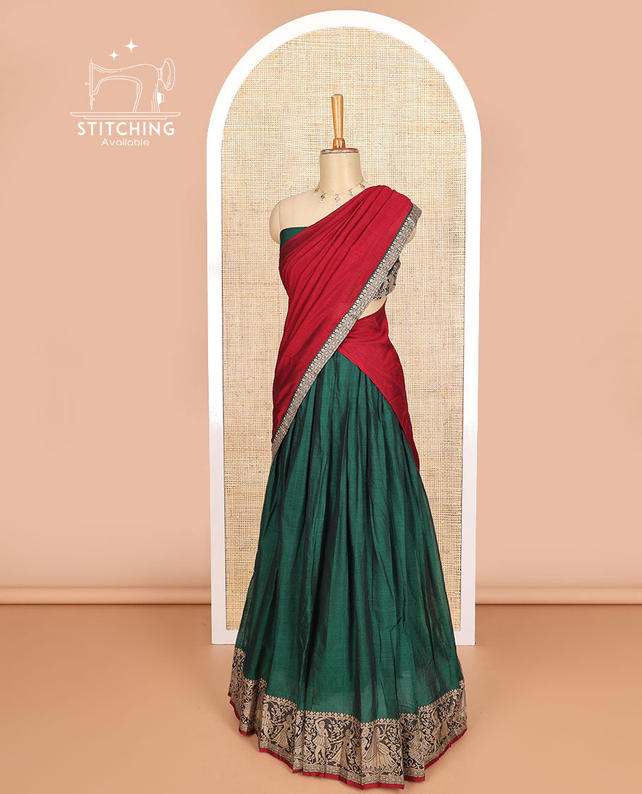 Green cotton half saree with contrast wedding design border, zari design blouse & plain , zari design border dhavani