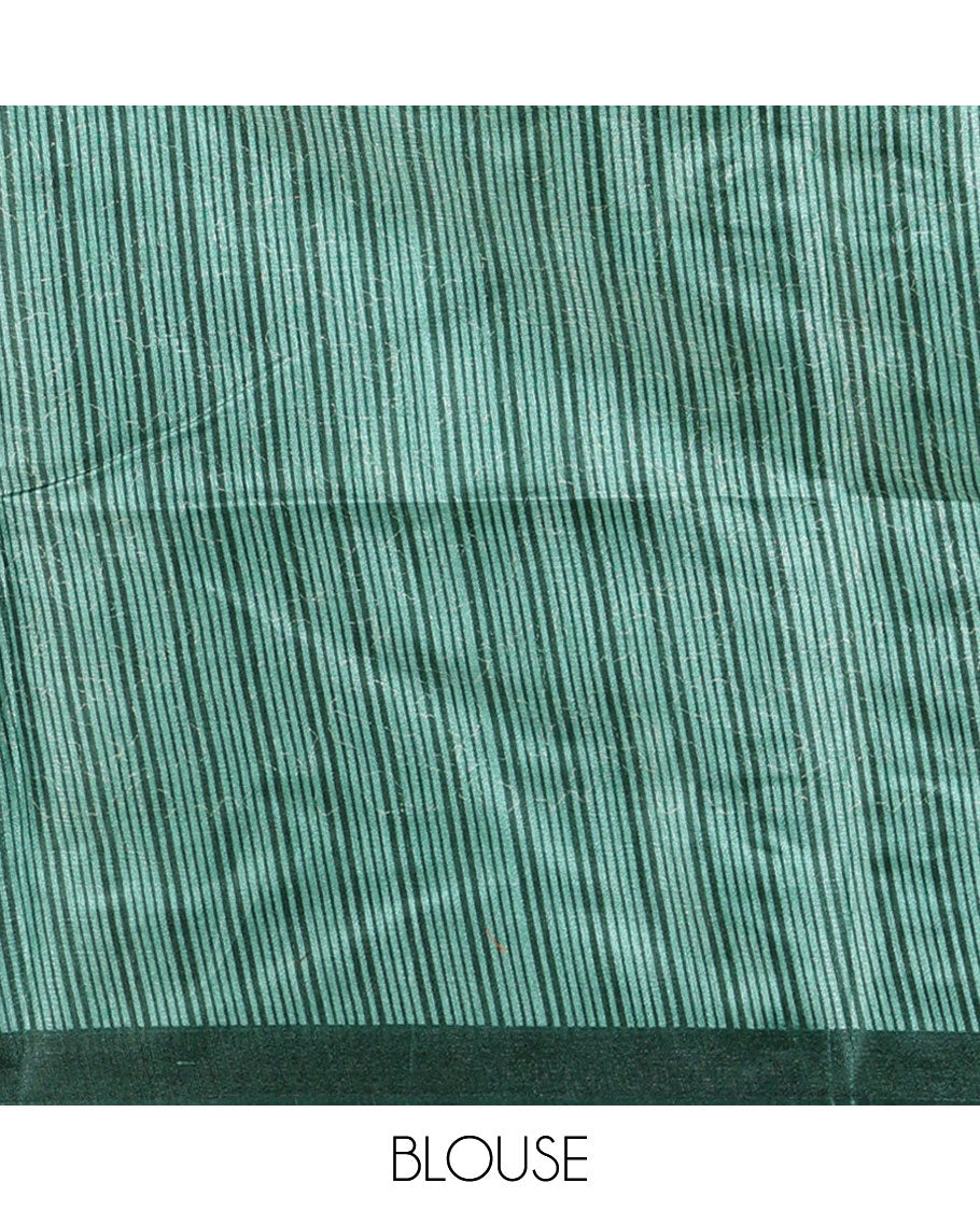 Cream floral-style printed khadi cotton saree, contrast green temple & lining printed border, lining printed border & printed blouse