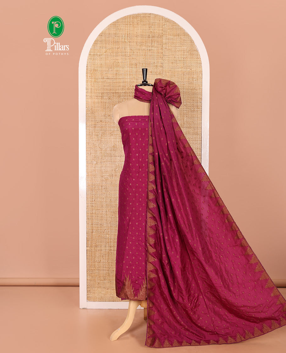 Magenta Material Chudidar Set Embellished with 1000 Zari Buttas Woven Banaras Top, Subtly Made Plain Santoon Bottom, and a Banarasi Dupatta Featuring Zari Buttas and Temple Buttas