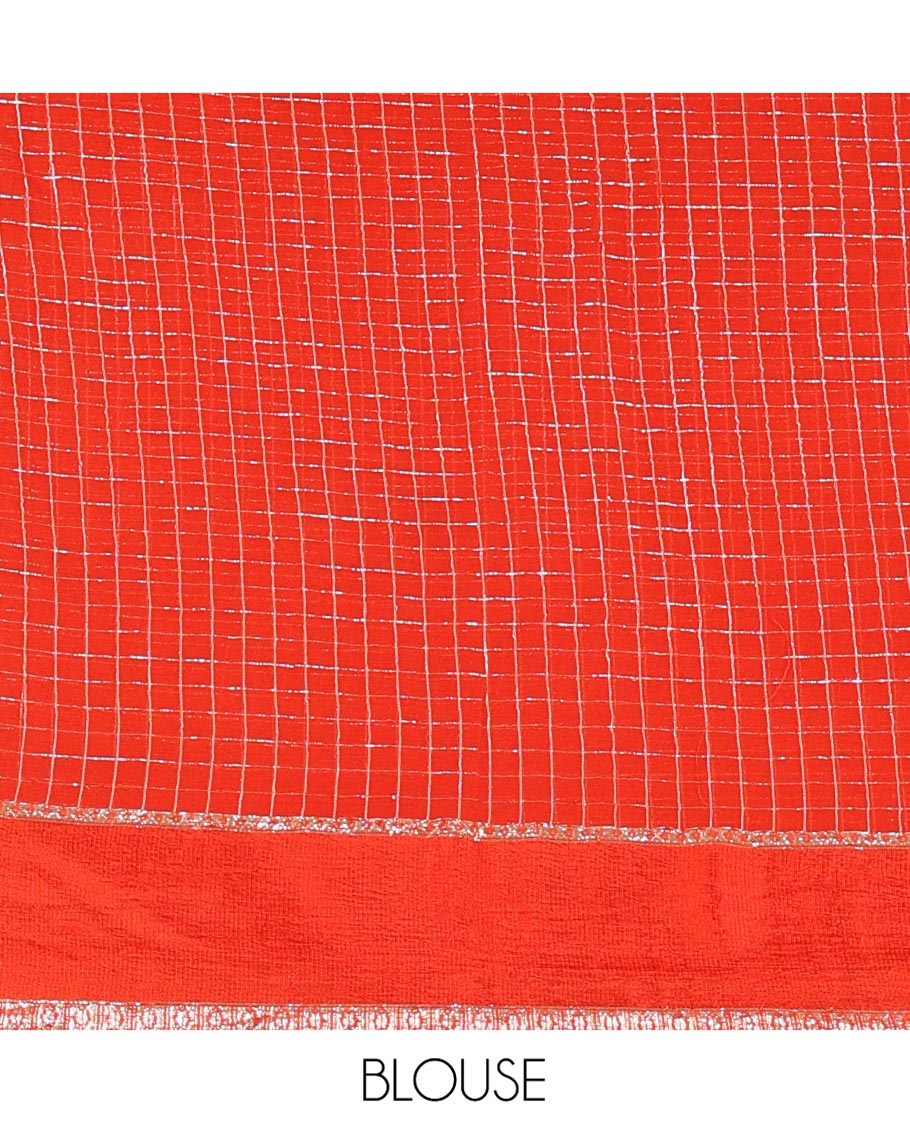 Scintillating Orange Viscose Georgette Saree Gleamed Up with Checked Design on Its Body, Highlighted by a Double-Pet Border, Zari Checked Design Pallu, and Paired with a Matching Blouse