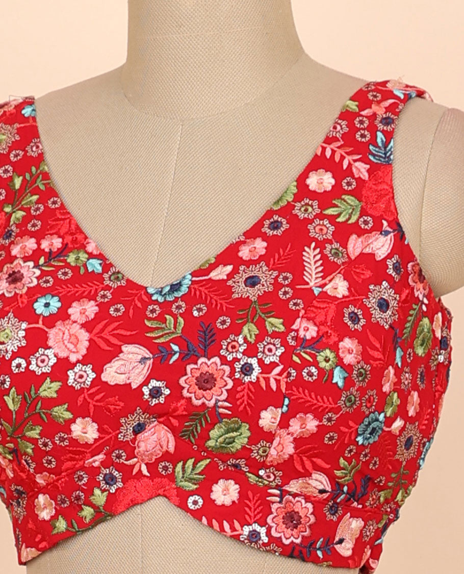 Red floral embroidered front & back deep v-neck raw-silk readymade sleeveless blouse