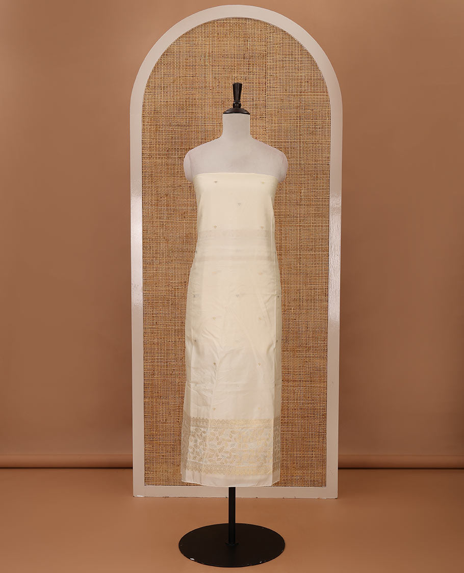 Kerala cream chudidar material, zari buttas & leaf motif taffeta silk top, plain cream santoon bottom & leaf zari designs dupatta