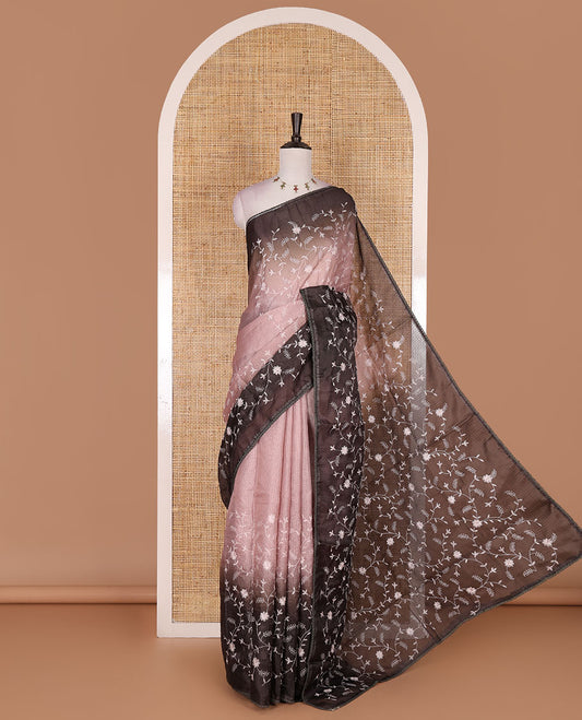 Peach-brown floral vine chickankari embroidered kota chex saree, lace border, floral vine chickankari embroidered pallu, and contrast plain blouse