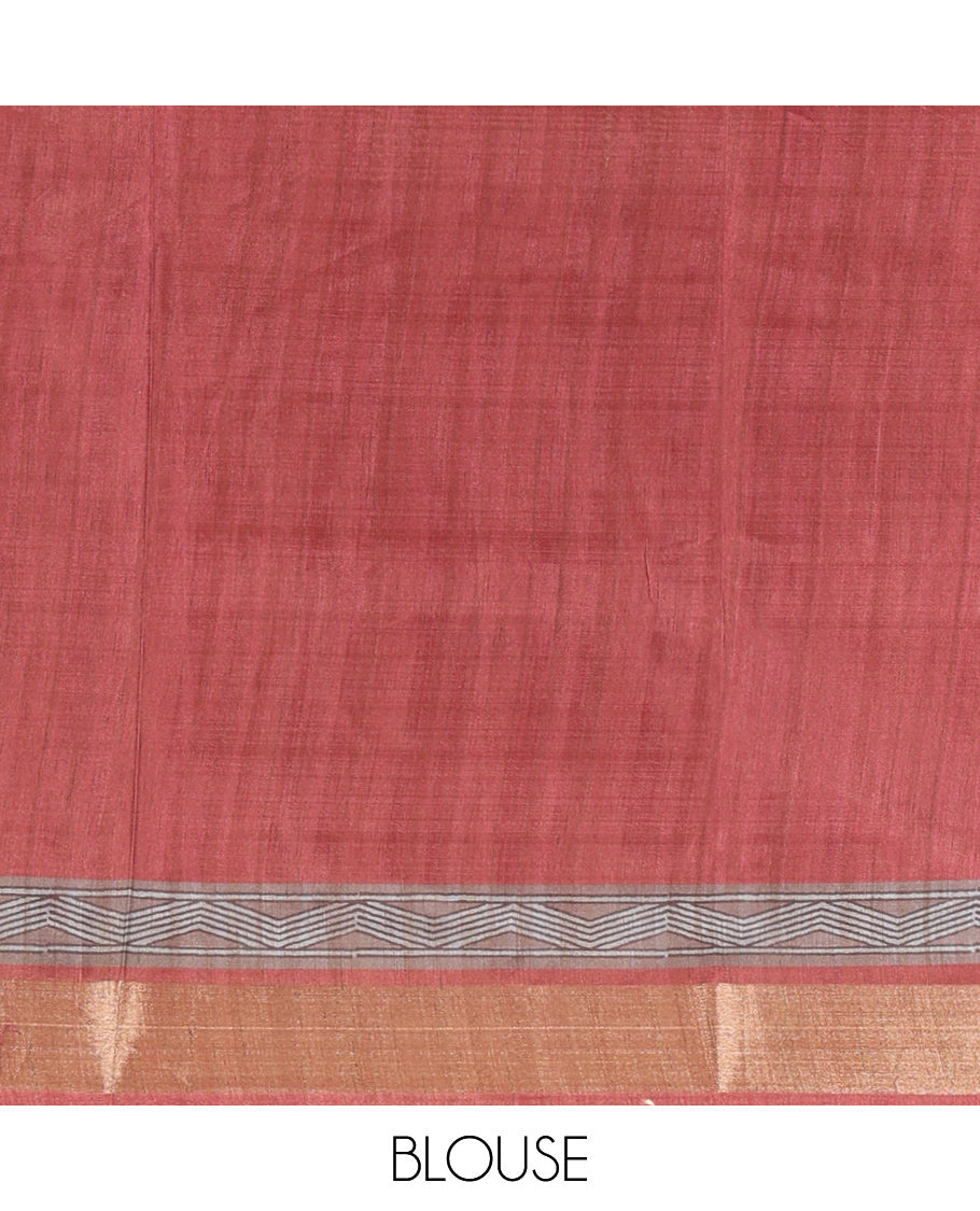 Grey Art Tussar Saree, Ornamented with Geometric Patterns, a Contrast Zari Border, a Geometric Pallu, and a Contrast Blouse