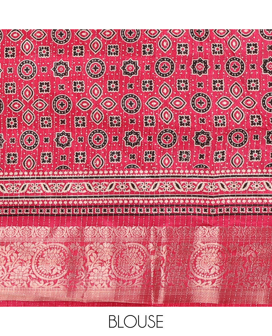 Cream vertical zari striped dola silk saree, contrast rani pink traditional zari border & intricate Ajrakh printed pallu