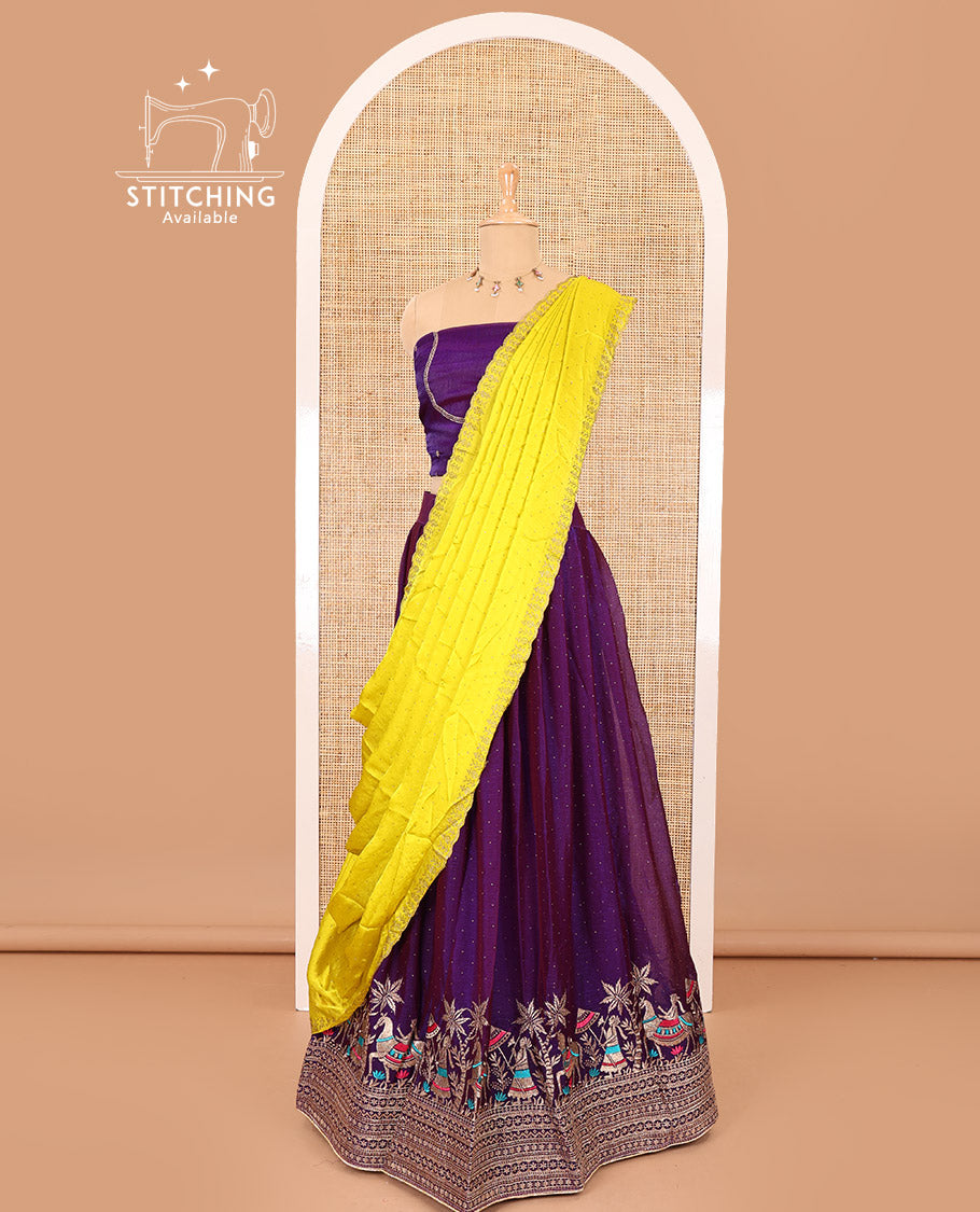 Violet half-saree, Swarovski stone work with girl-on-the-horse motifs embroidered bordered satin georgette skirt, a matching satin georgette blouse, and a contrast Swarovski stone work scallop dhavani