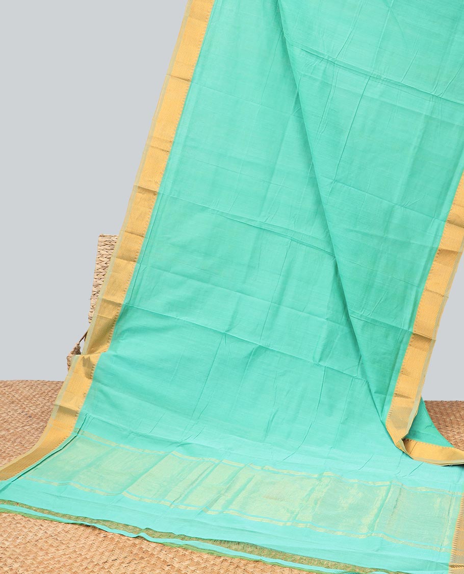 Green mangalagiri cotton saree with contrast striped, temple border & striped pallu