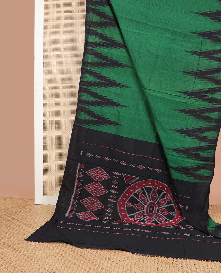 Green ikkat cotton saree with self temple border & floral design pallu