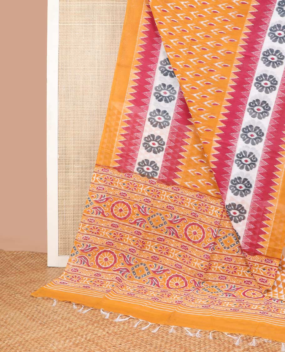 Orange floral motifs mul mul cotton saree with contrast temple, floral design border & floral design pallu