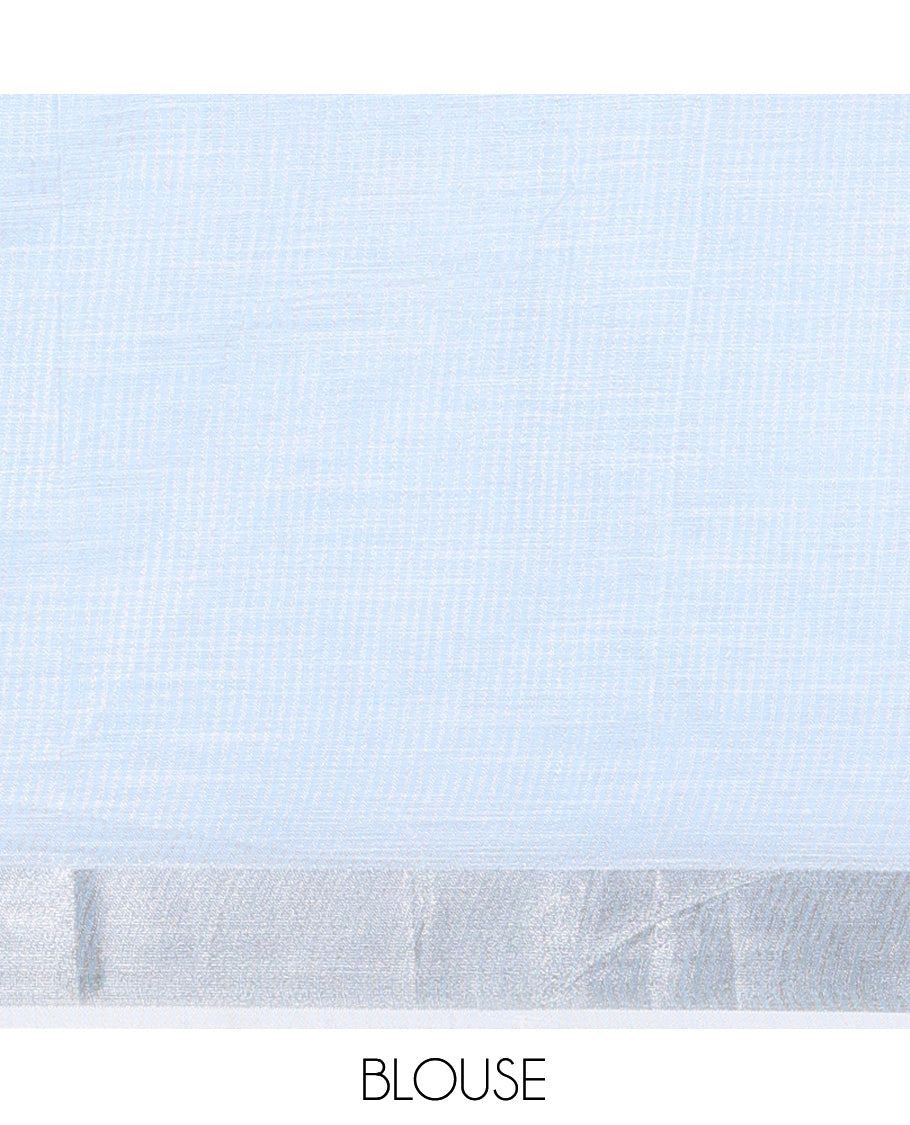 Sky Blue Plain Linen-Cotton Saree, a Zari Border, Striped Pallu, and a Matching Blouse