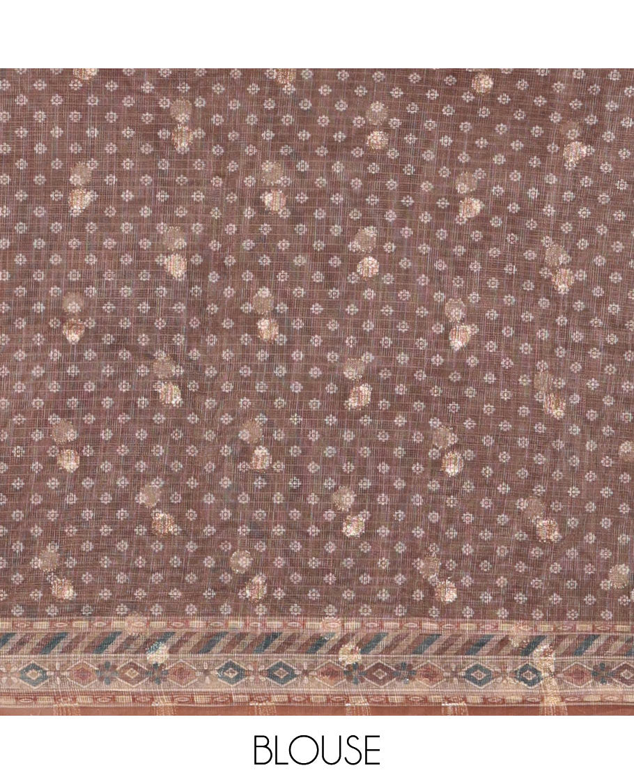 Brown butta digital printed jaipuri kota saree with printed border & printed pallu along with butta design printed blouse