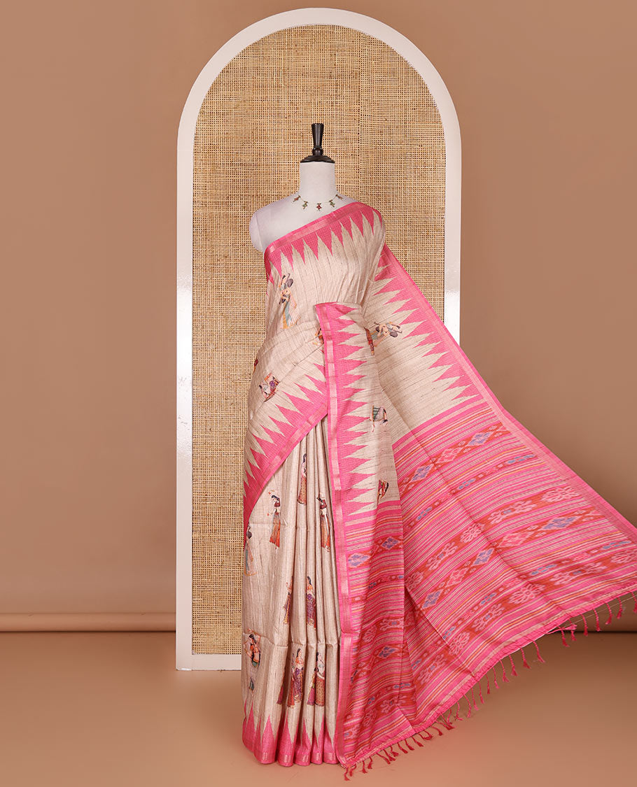 Chikku and pink Radha motifs printed katan silk saree, contrast temple border, ikkat motifs woven pallu, and contrast printed pallu