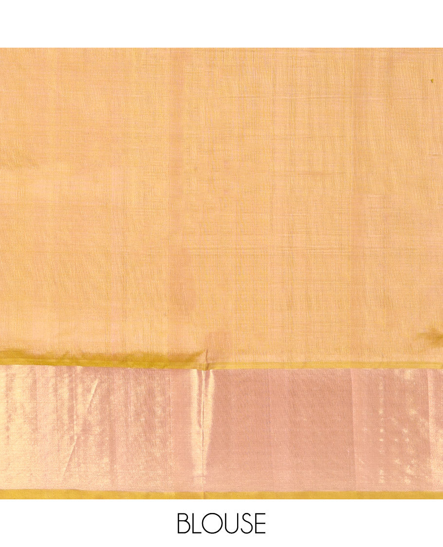 Orange Venkatagiri Silk Saree, Showcasing Zari Buttas All Over Its Body, Complemented by a Contrast Zari Border, Pallu of Zari Designs, and Paired with a Contrast Blouse