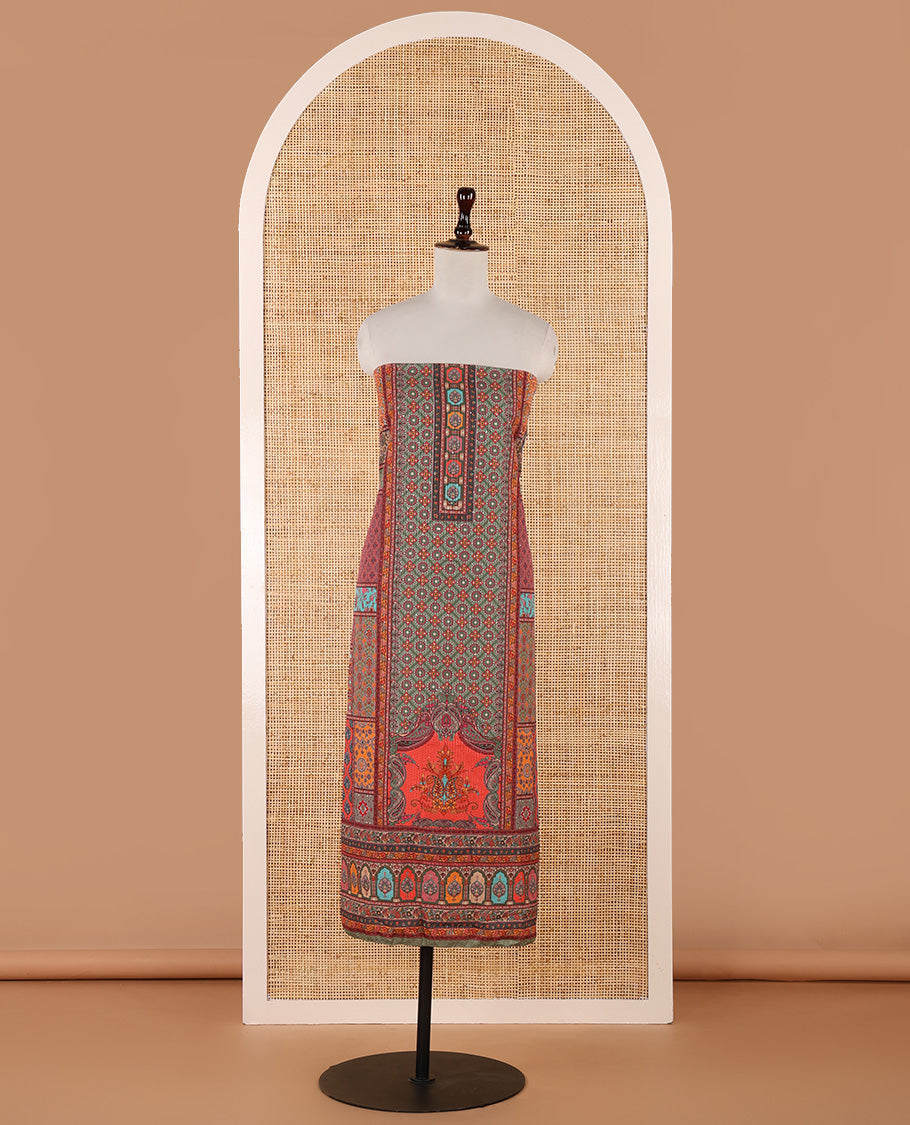 Multi-color churidar material set, ajrakh-printed & sequins work crepe top, kalidoscopic-colored dupatta of ajrakh print & sequins work & plain crepe bottom