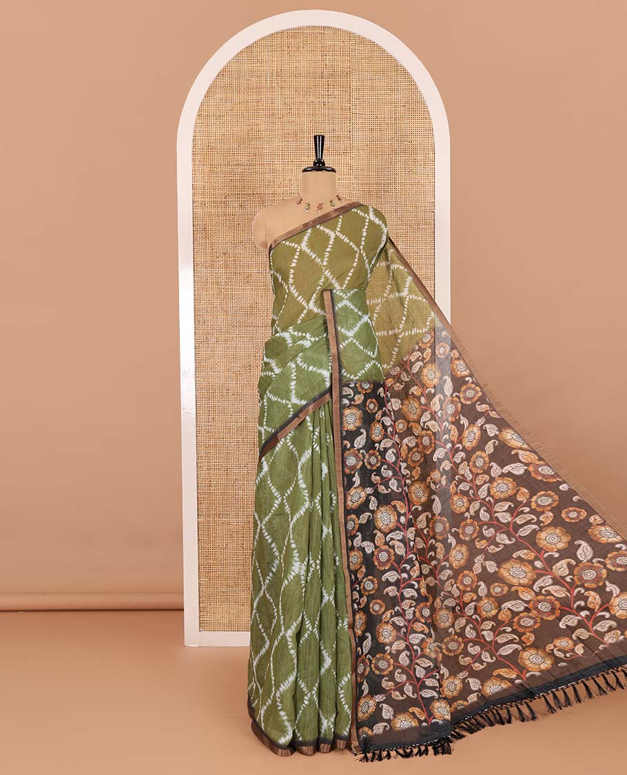 Olive argyle shibori printed linen cotton saree, contrast border, kalamkari floral vine printed pallu, and a contrast kalamkari printed blouse