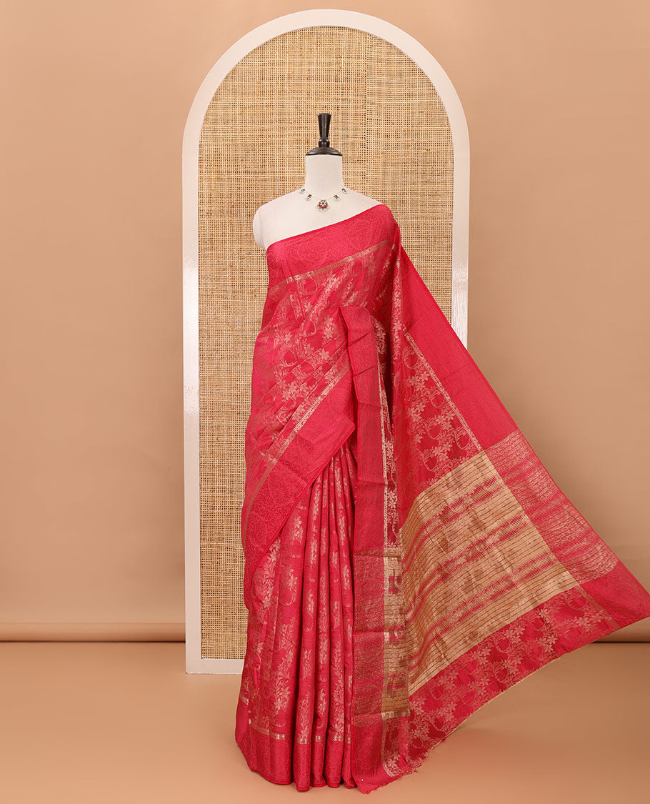 Red floral jaal jacquard fancy tussar saree, zari floral design border, tissue lining pallu & floral jaal zari matching blouse