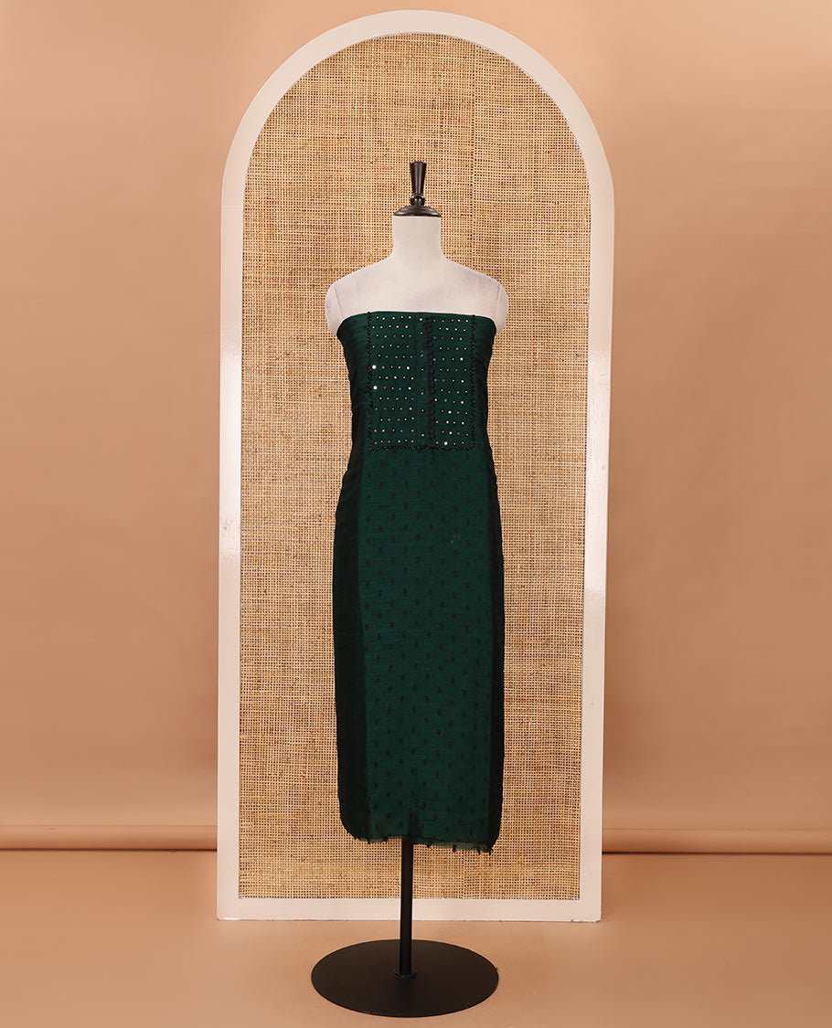 Green material chudidar set, black beads & mirror neck embroidered with buttas woven vichitra silk top, santoon bottom & contrast mirror work chiffon dupatta