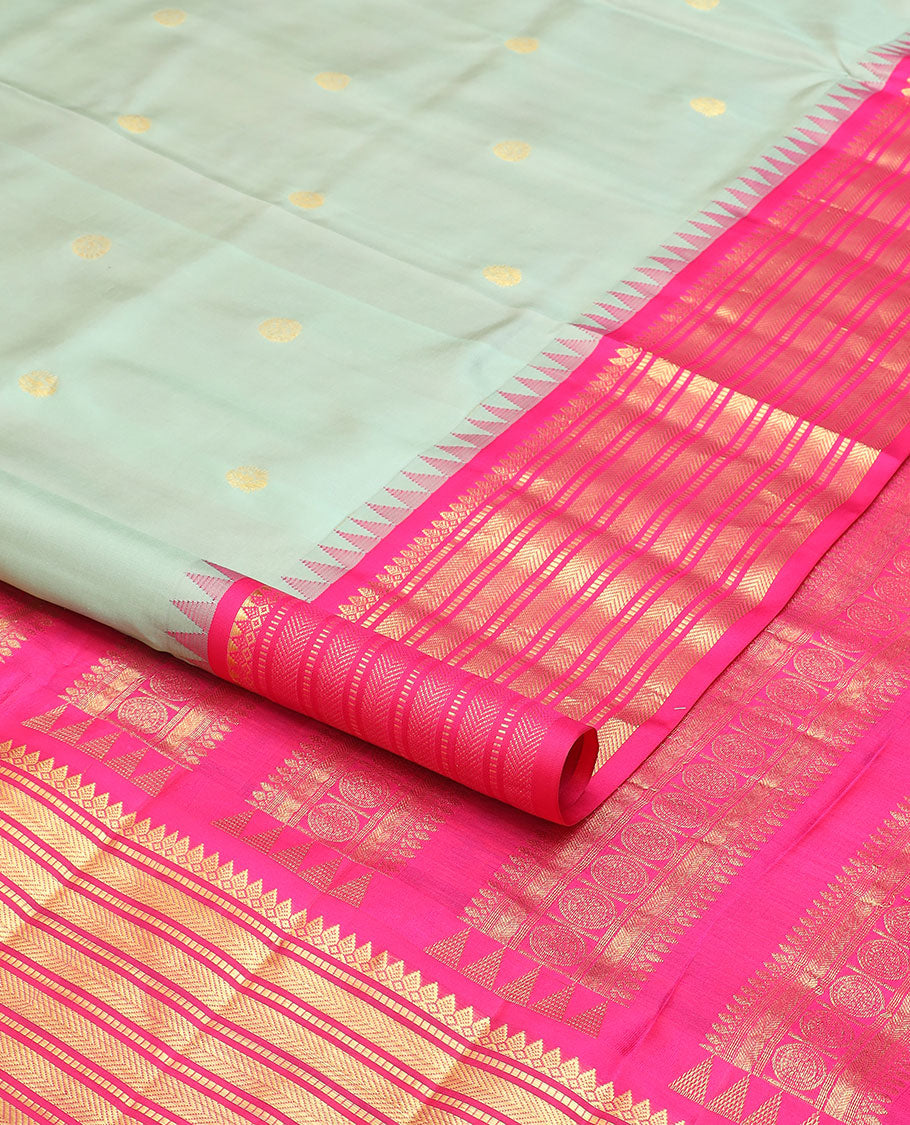 mint green floral buttas nine yards silk saree with contrast traditional zari design border & intricate zari design pallu