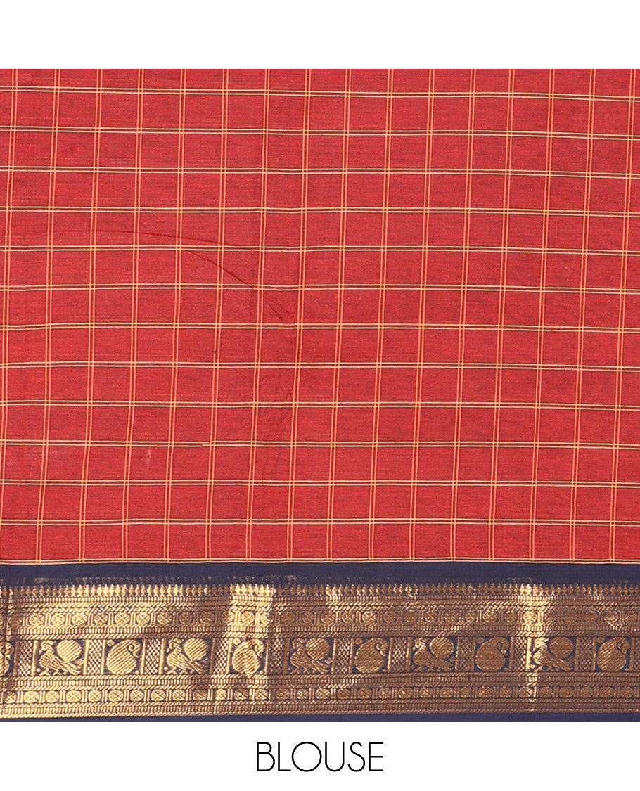 Maroon Chettinad Cotton Saree, Adorned with Buttas Enclosed Checks, Contrast Traditional Zari Border, and a Matching Blouse