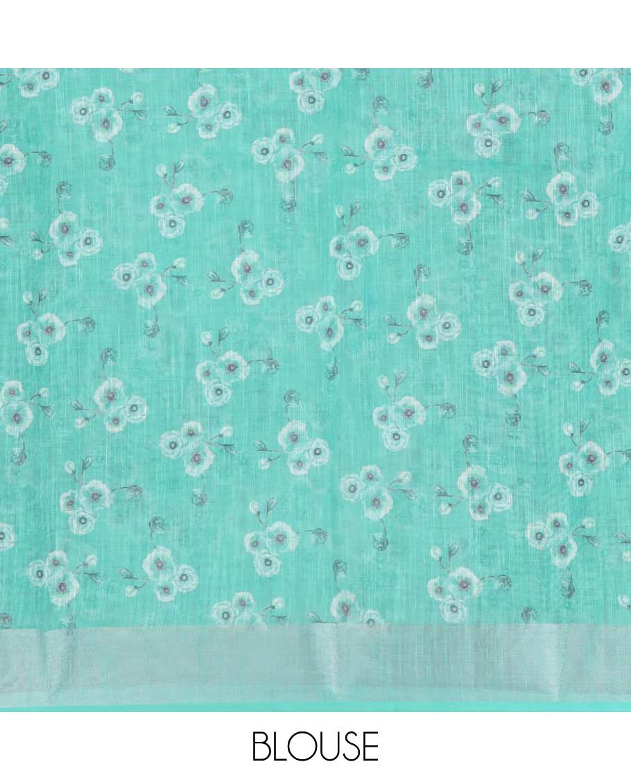 White rose floral printed linen saree, contrast silver bavanji border, floral printed pallu & floral printed green blouse