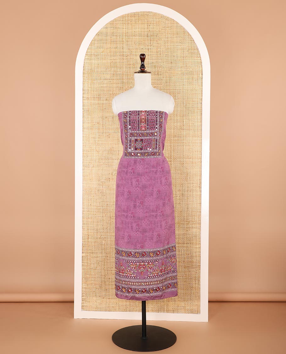 onion pink jacquard ajrak, stone, mirror work crepe chudidhar material top with american crepe pant & chinnon material ajrak digital print , mirror work dupatta