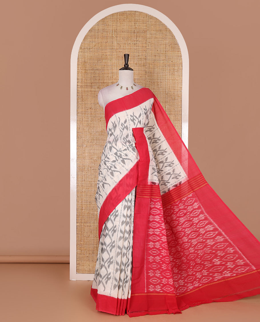 Half white vine design ikkat cotton saree, contrast plain border, ikkat design pallu, and contrast plain blouse