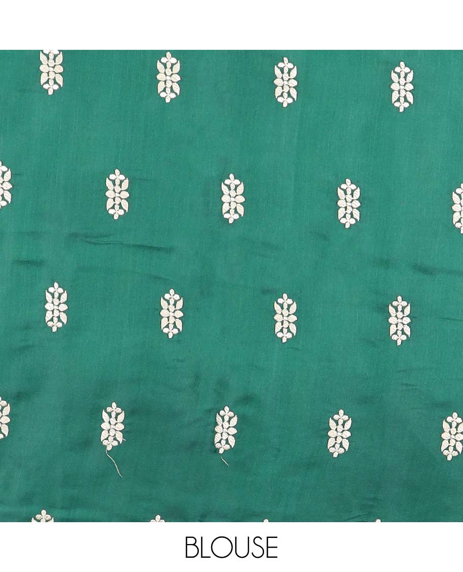 Green floral motifs semi-banaras tussar saree with self pichwai border & zari design pallu