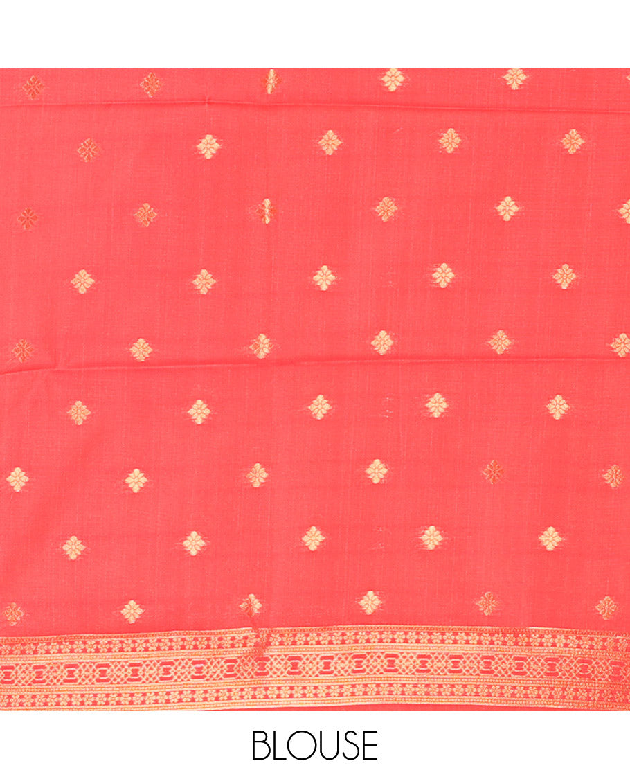 Yellow Litchi Saree, Embellished with Zari Buttas and Zari Checks, Complemented by a Contrast Intricate Zari Border, Jaal Pallu, a Contrast Blouse