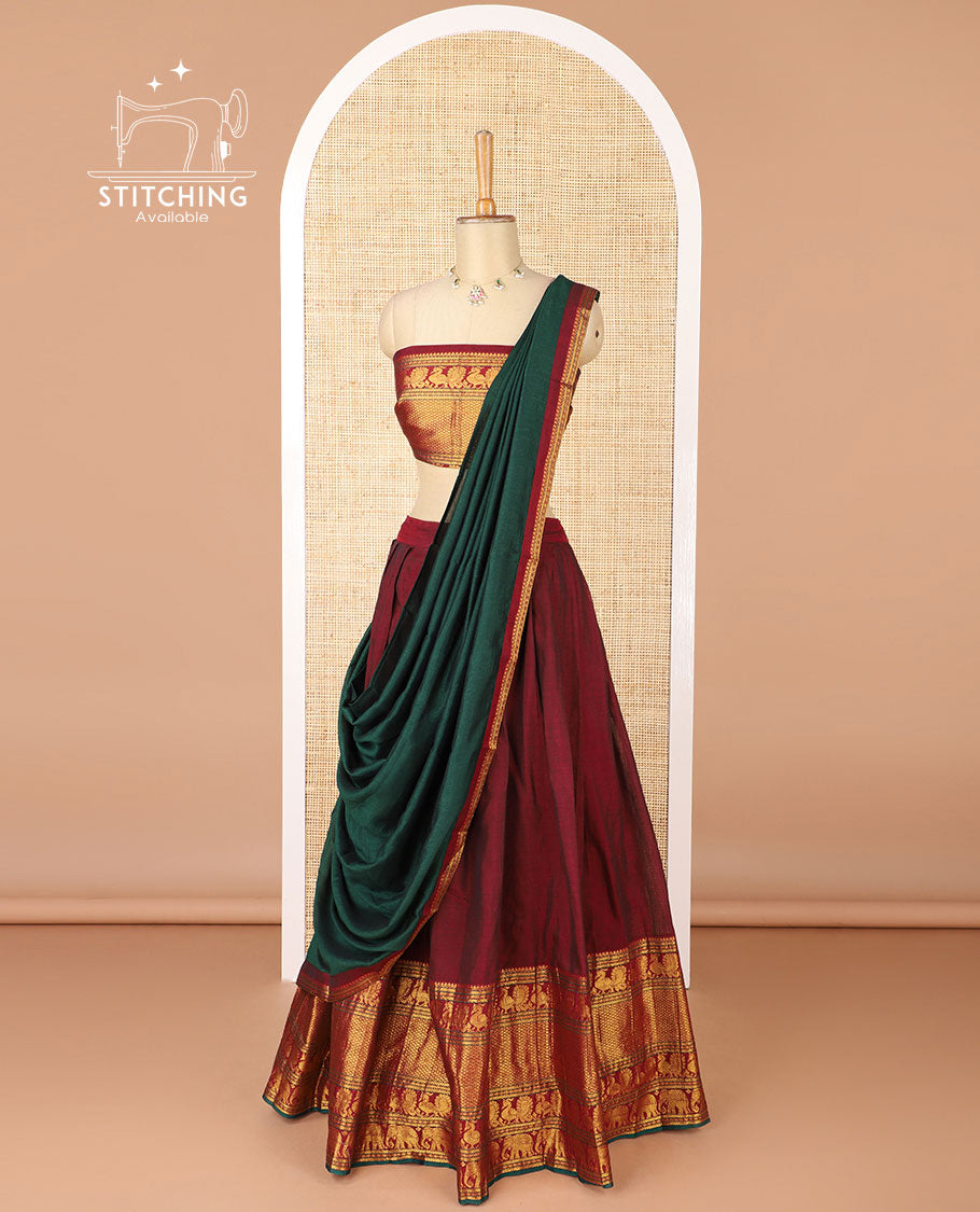 Maroon mercerised cotton daman zari border half saree with cotton blouse & skya georgette one side zari border dhavani