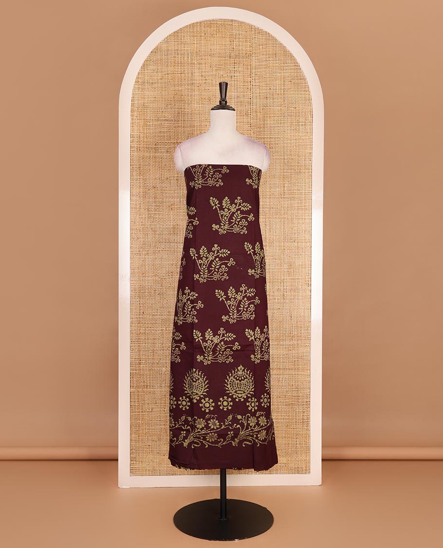 Brown cotton material chudidar set, batik style floral printed top, contrast plain bottom, and dupatta of floral batik print