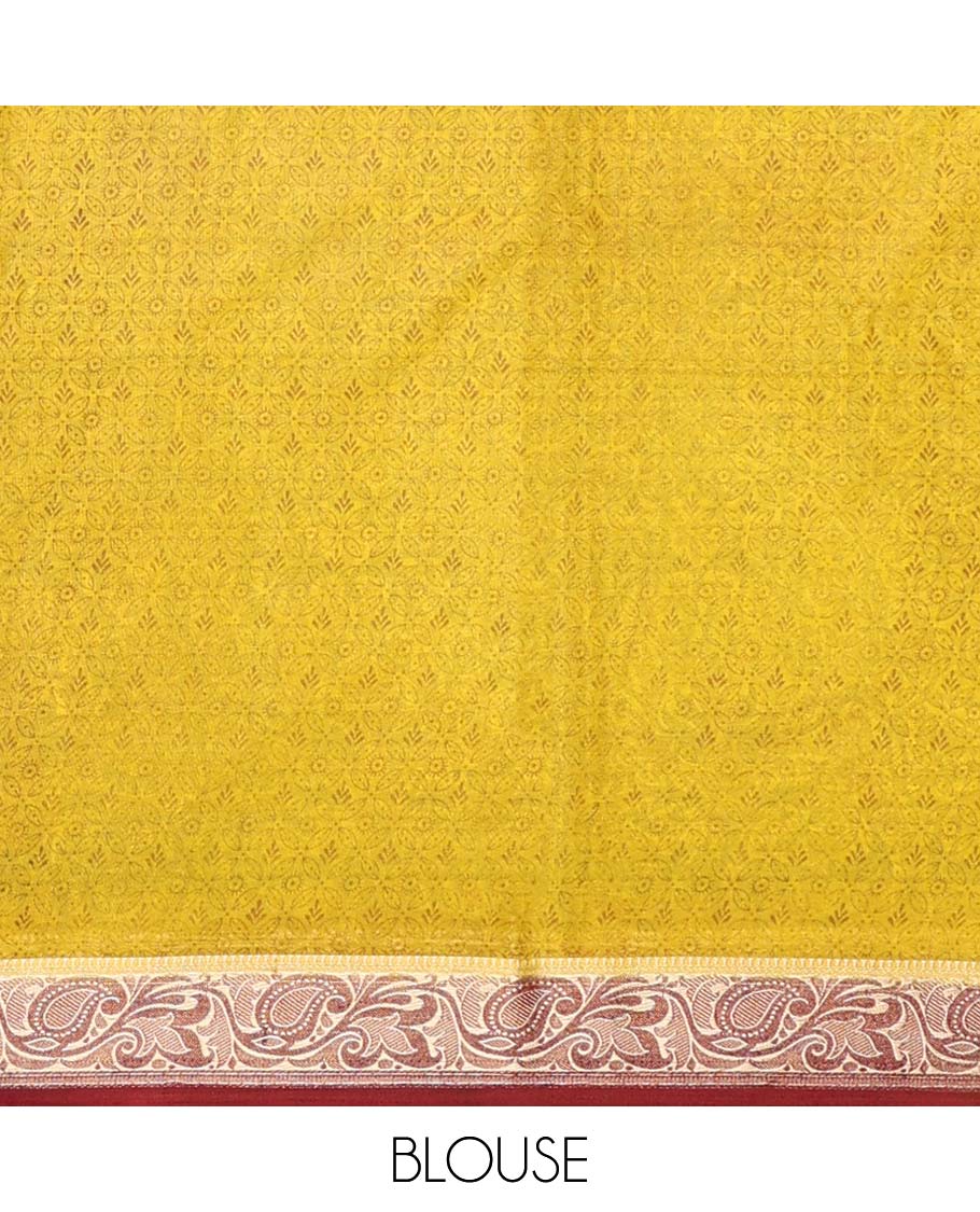 Mustard intricately printed semi-banaras printed saree, contrast floral & paisley border & floral design pallu