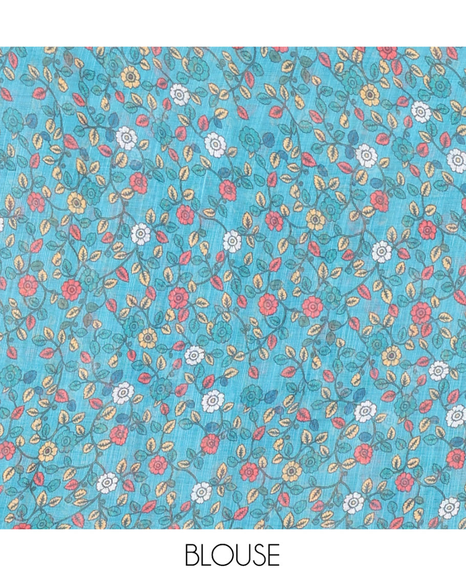 Cream-Blue Linen Cotton Saree, Adorned with Shibori Print, Contrast Piping Border, Kalamkari Floral Vine Pallu, and a Contrast Blouse