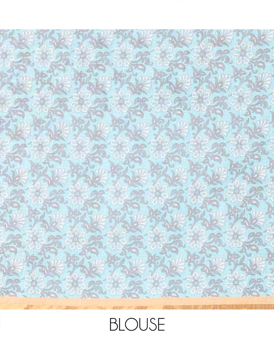 White-Green Linen Cotton Saree, Elevated with Shibori-Printed Body, Highlighted by Piping Border, Floral Printed Pallu, and a Contrast Blouse