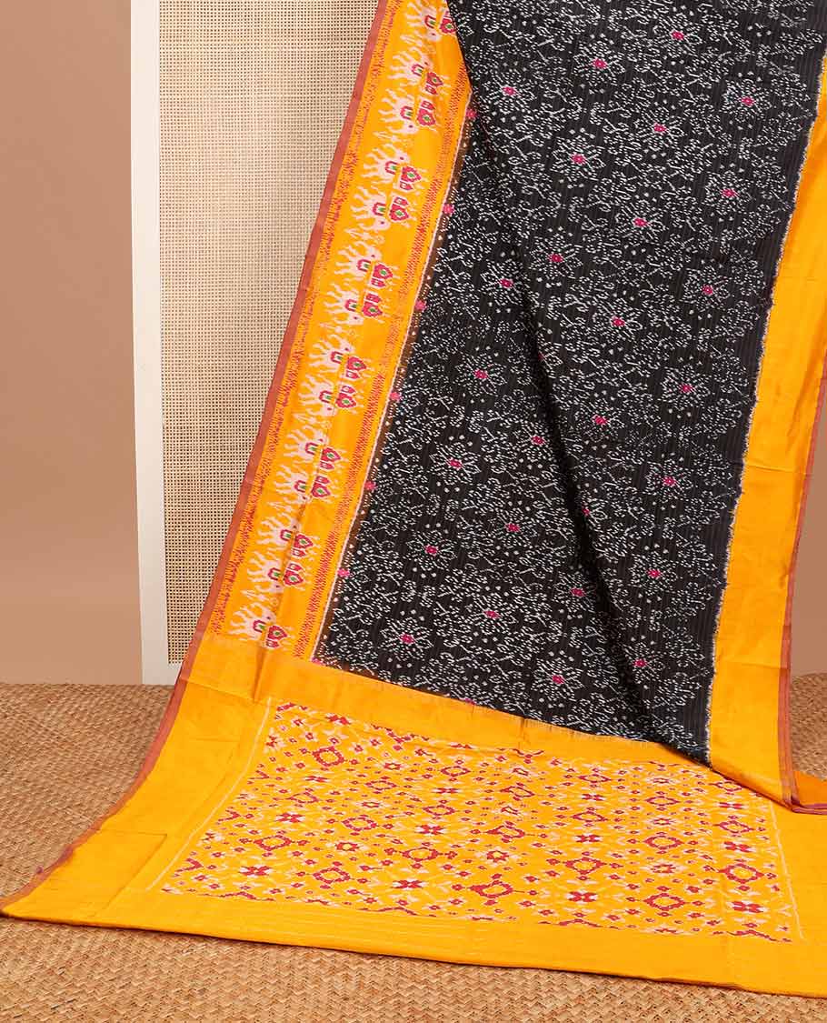 Black floral design ikkat saree with contrast animal design border & floral design pallu