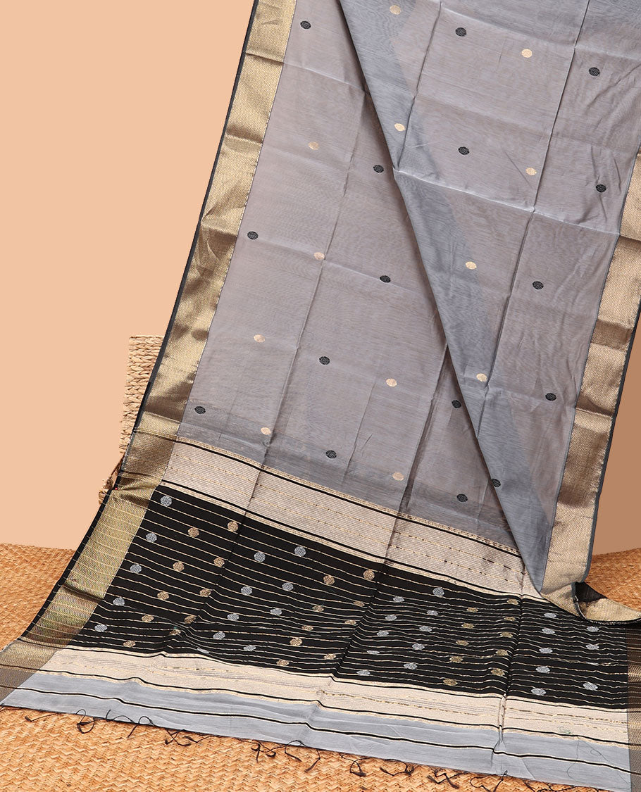 Grey floral motifs maheswari cotton saree with contrast zari border & striped, floral design pallu