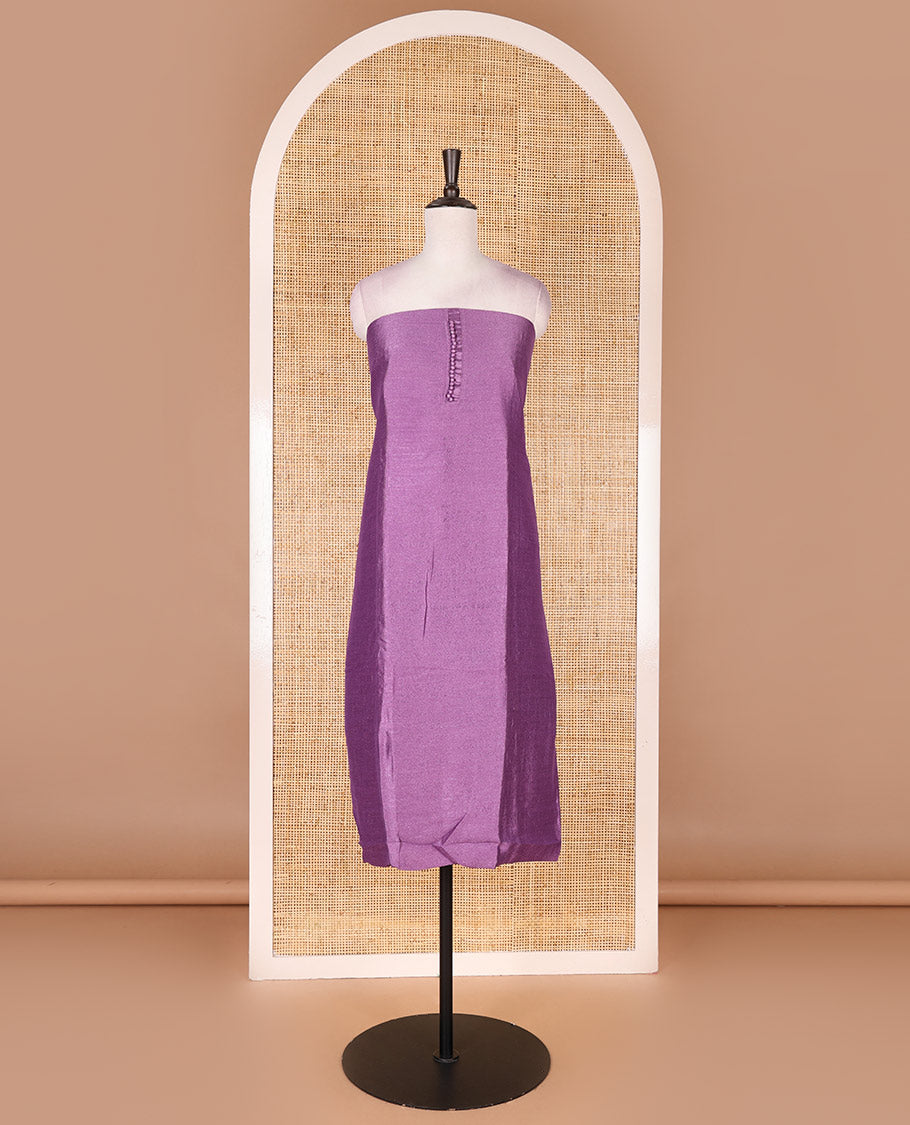Lavender material chudidar set, plain with fancy thermacol balls neck work Vichitra top, cotton bottom, and floral printed dupatta