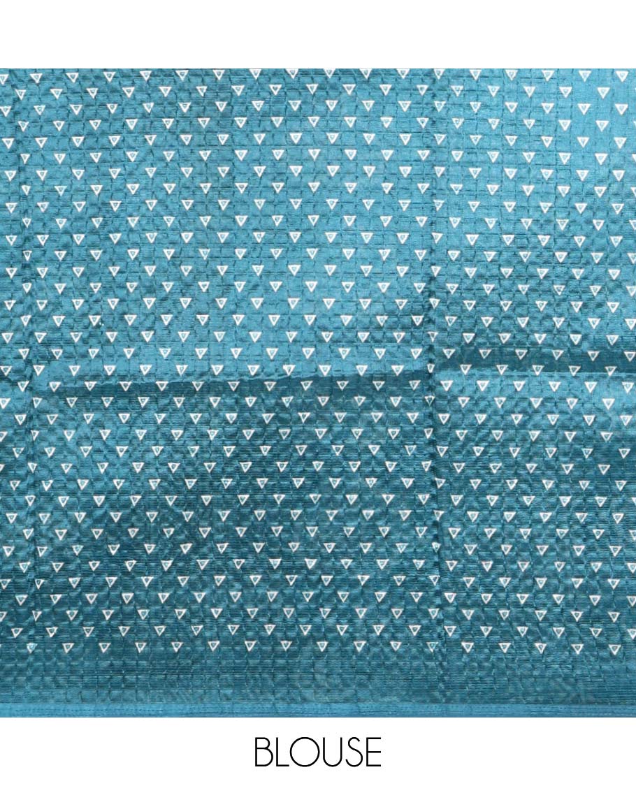 Blue floral printed litchi crushed saree, geometric printed border, floral-geometric printed pallu & triangle motif printed blouse
