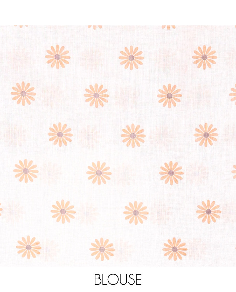 Borderless Peach Linen Saree Beautified with Big Daisy Flower Motifs Printed All Over the Body and Pallu, Complemented by a Contrast Blouse Printed with Daisy Flower Motifs